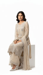 Ivory Pearl Silver Embellished Chiffon 3-Piece Plazo Suit