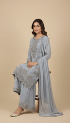 Silver Mist Gold Embroidered Chiffon 3-Piece Sharara Suit