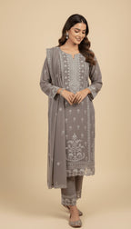 Storm Grey Embroidered Chiffon 3-Piece Trouser Suit