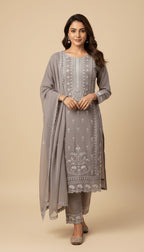 Storm Grey Embroidered Chiffon 3-Piece Trouser Suit