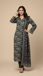 Binsaeed Teal Green Rust Floral Print Khaddar 3PC Suit with Shawl | SuitsMeUK