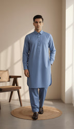 Men's Classic Sky Blue Solid Kameez Shalwar 2-Piece Suit
