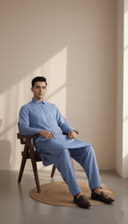 Men's Classic Sky Blue Solid Kameez Shalwar 2-Piece Suit