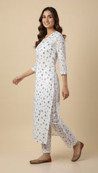 White & Grey Small Floral Print Cotton 2-Piece Coord Suit | SuitsMeUK