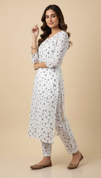 White & Grey Small Floral Print Cotton 2-Piece Coord Suit | SuitsMeUK