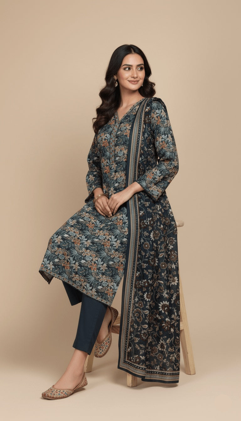 Binsaeed Three-Piece Khaddar Digital Print Suit