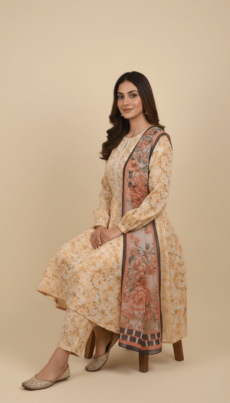 Peach Dawn 3-Piece Printed Lawn Anarkali Suit