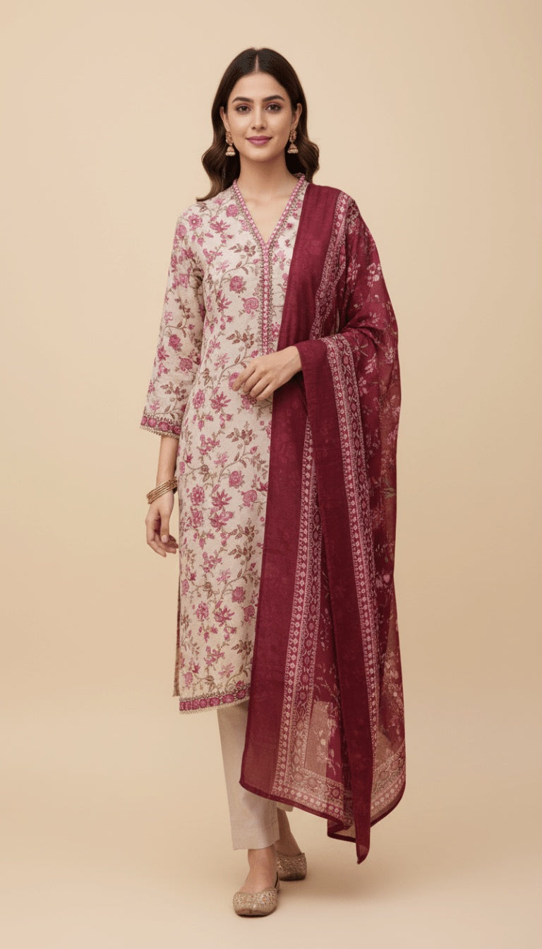Binsaeed Three-Piece Pink Floral Khaddar Printed Suit