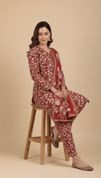 Binsaeed Three-Piece Khaddar Printed Crimson Floral Suit