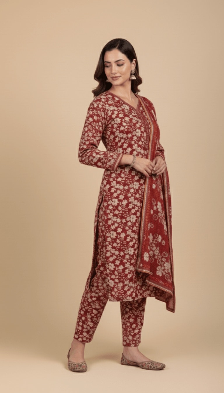 Binsaeed Three-Piece Khaddar Printed Crimson Floral Suit