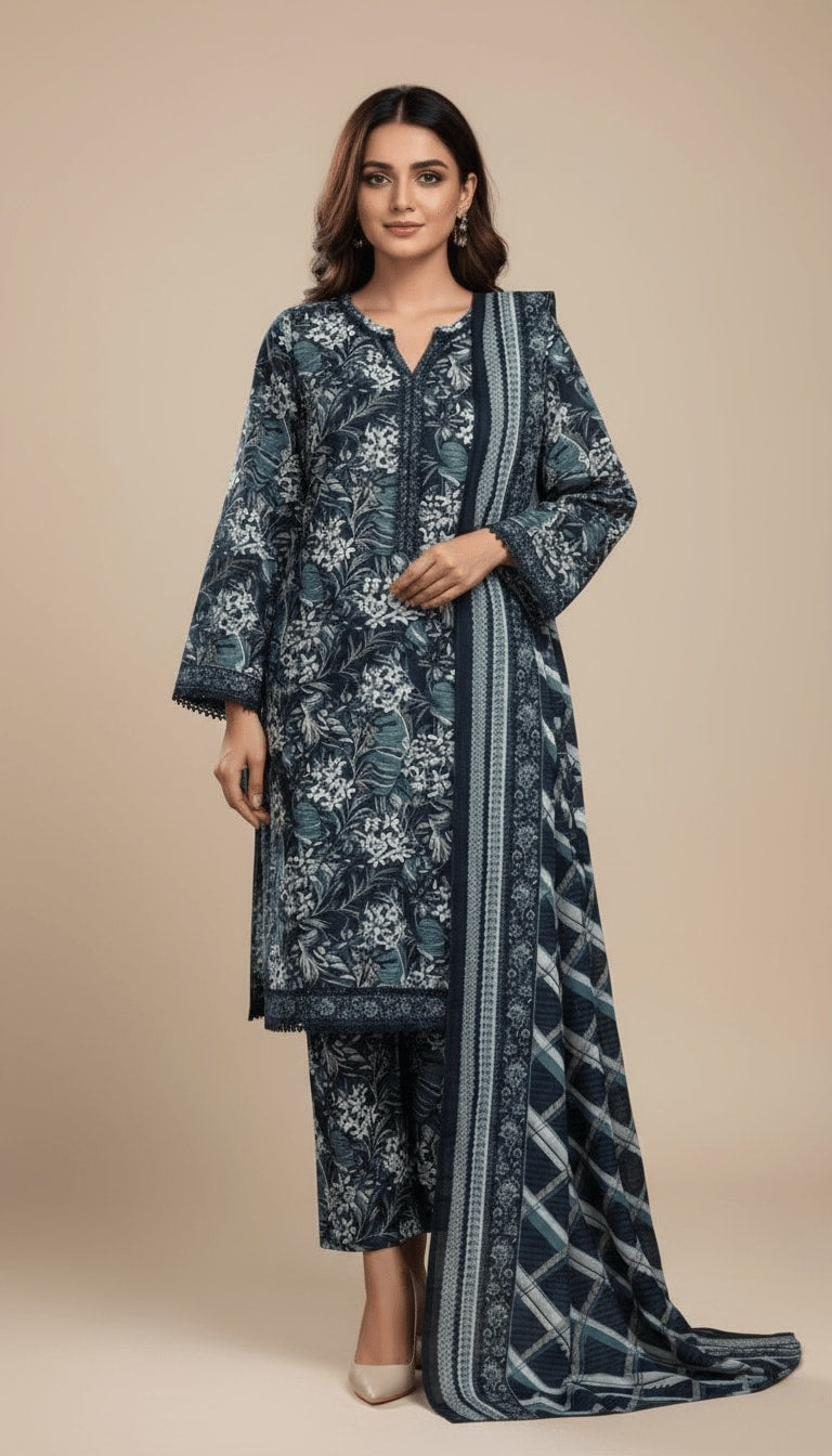 Binsaeed Three-Piece Khaddar Printed Teal Floral Mosaic Suit