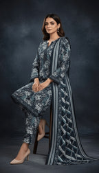 Binsaeed Three-Piece Khaddar Printed Teal Floral Mosaic Suit