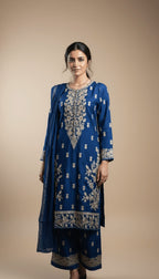 Zahra Navy Blue Linen Embroidered Kurta & Plazo Suit