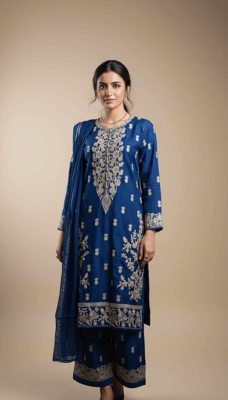 Zahra Navy Blue Linen Embroidered Kurta & Plazo Suit