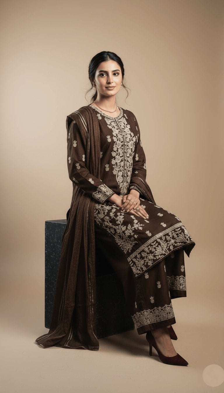Farah Mocha Brown Linen Embroidered Kurta & Plazo Suit