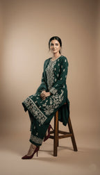 Nooril Emerald Green Linen Embroidered Kurta & Plazo Suit