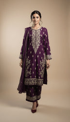 Shaam Regal Plum Linen Embroidered Kurta & Plazo Suit