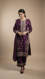 Shaam Regal Plum Linen Embroidered Kurta & Plazo Suit