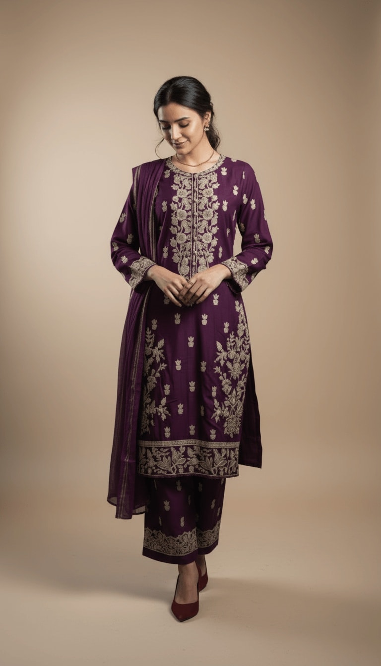 Shaam Regal Plum Linen Embroidered Kurta & Plazo Suit