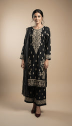 Shabrang Midnight Black Linen Embroidered Kurta & Plazo Suit