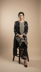 Shabrang Midnight Black Linen Embroidered Kurta & Plazo Suit