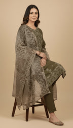 Olive Green Embroidered Linen 3-Piece Trouser Suit