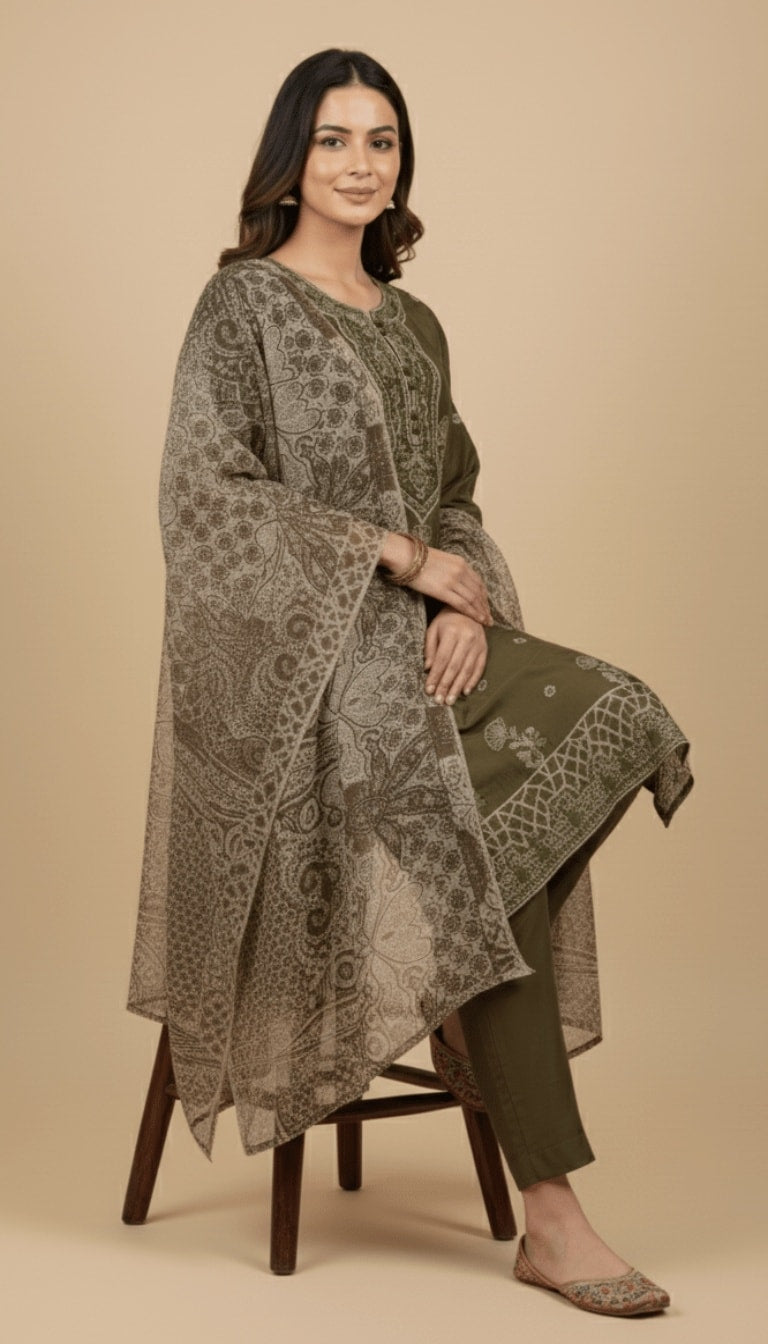 Olive Green Embroidered Linen 3-Piece Trouser Suit