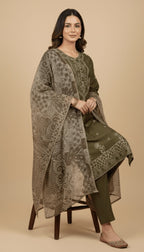 Olive Green Embroidered Linen 3-Piece Trouser Suit