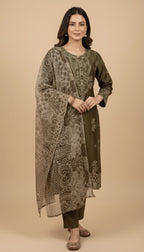 Olive Green Embroidered Linen 3-Piece Trouser Suit