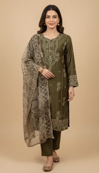 Olive Green Embroidered Linen 3-Piece Trouser Suit