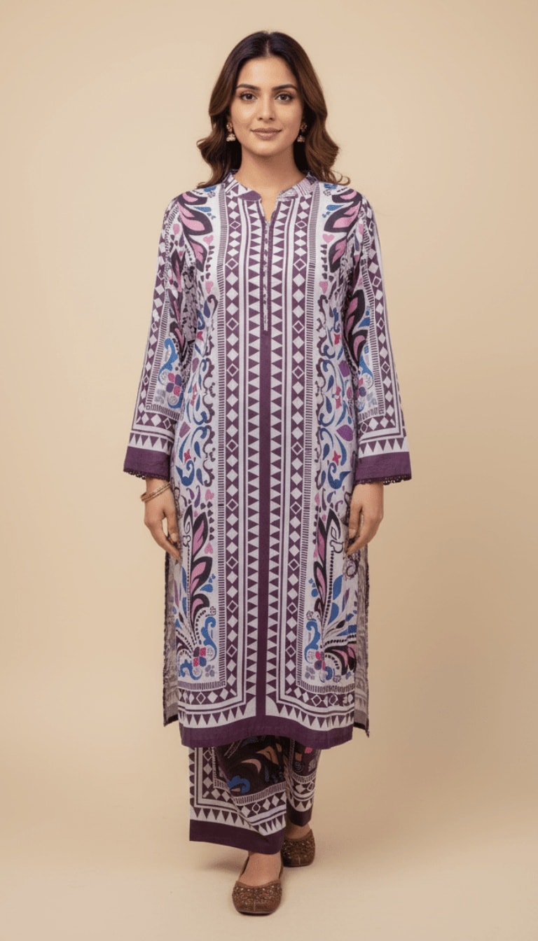 Royal Abstract Printed Lawn 3-Piece Plazo Suit