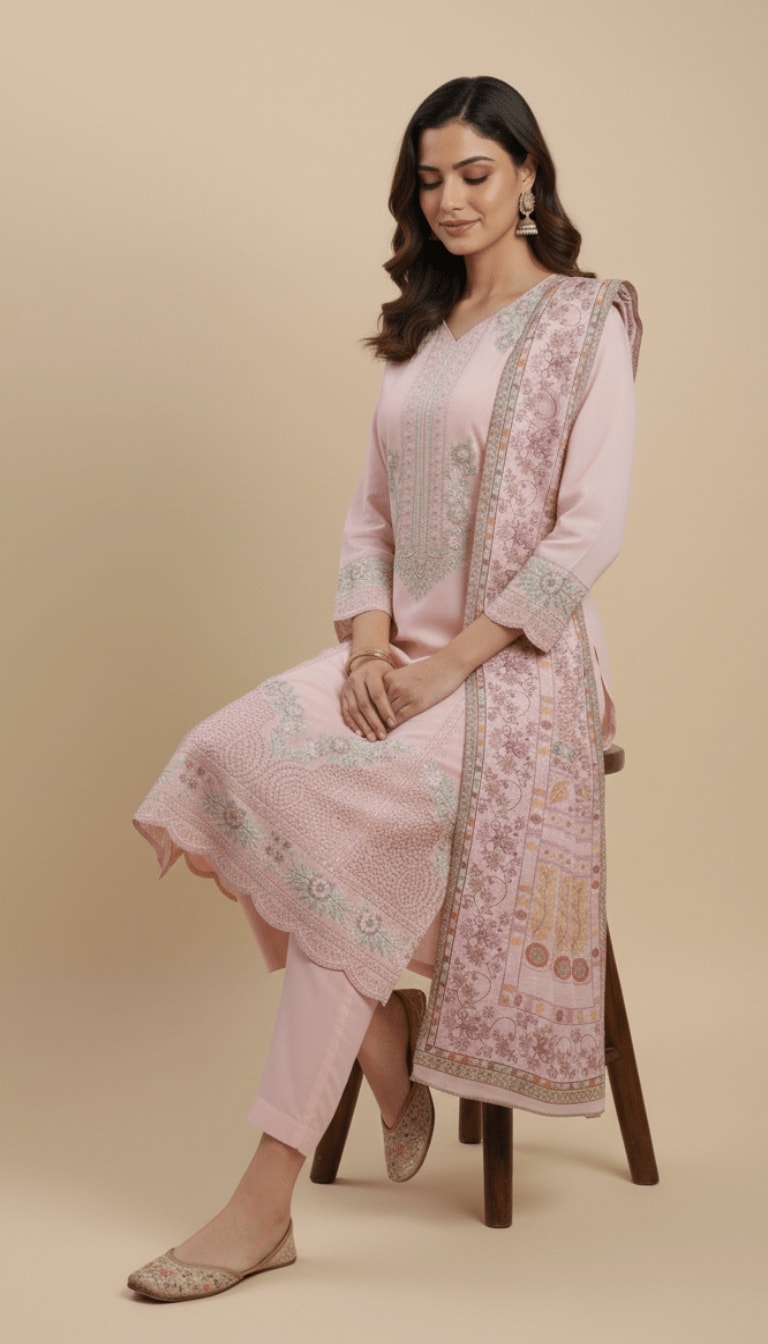 Light Pink Cotton Embroidered 3-Piece Trouser Suit