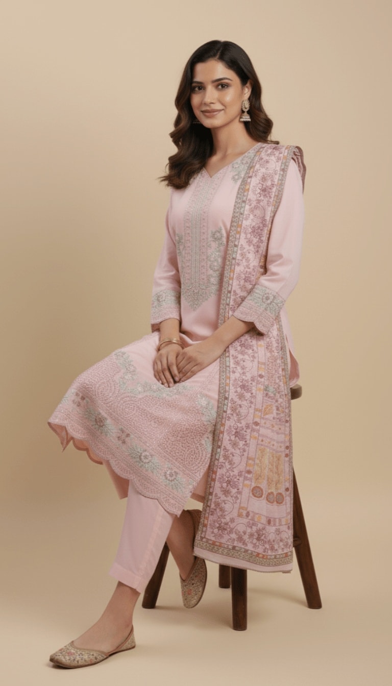 Light Pink Cotton Embroidered 3-Piece Trouser Suit