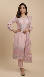 Light Pink Cotton Embroidered 3-Piece Trouser Suit