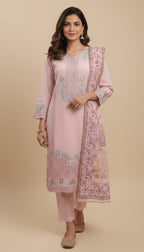 Light Pink Cotton Embroidered 3-Piece Trouser Suit