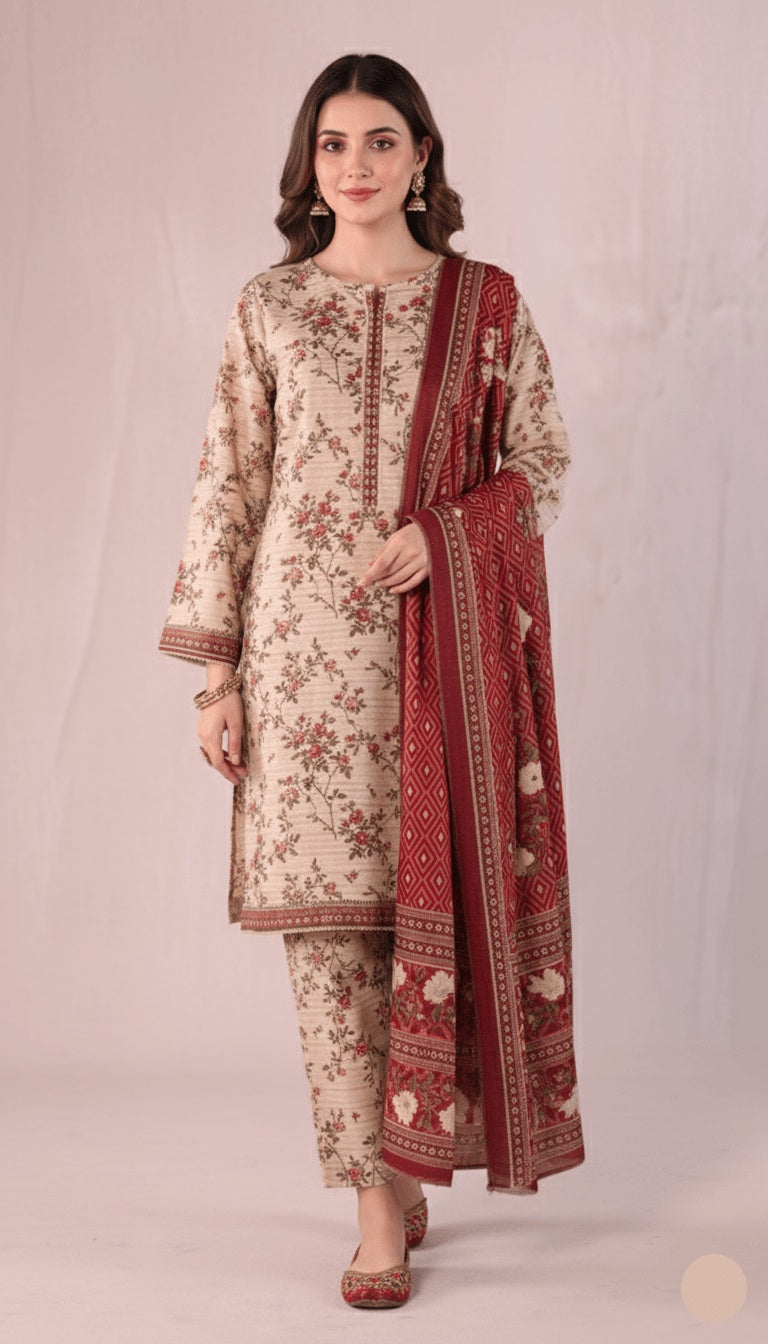 Binsaeed Three-Piece Khaddar Beige & Crimson Printed Suit