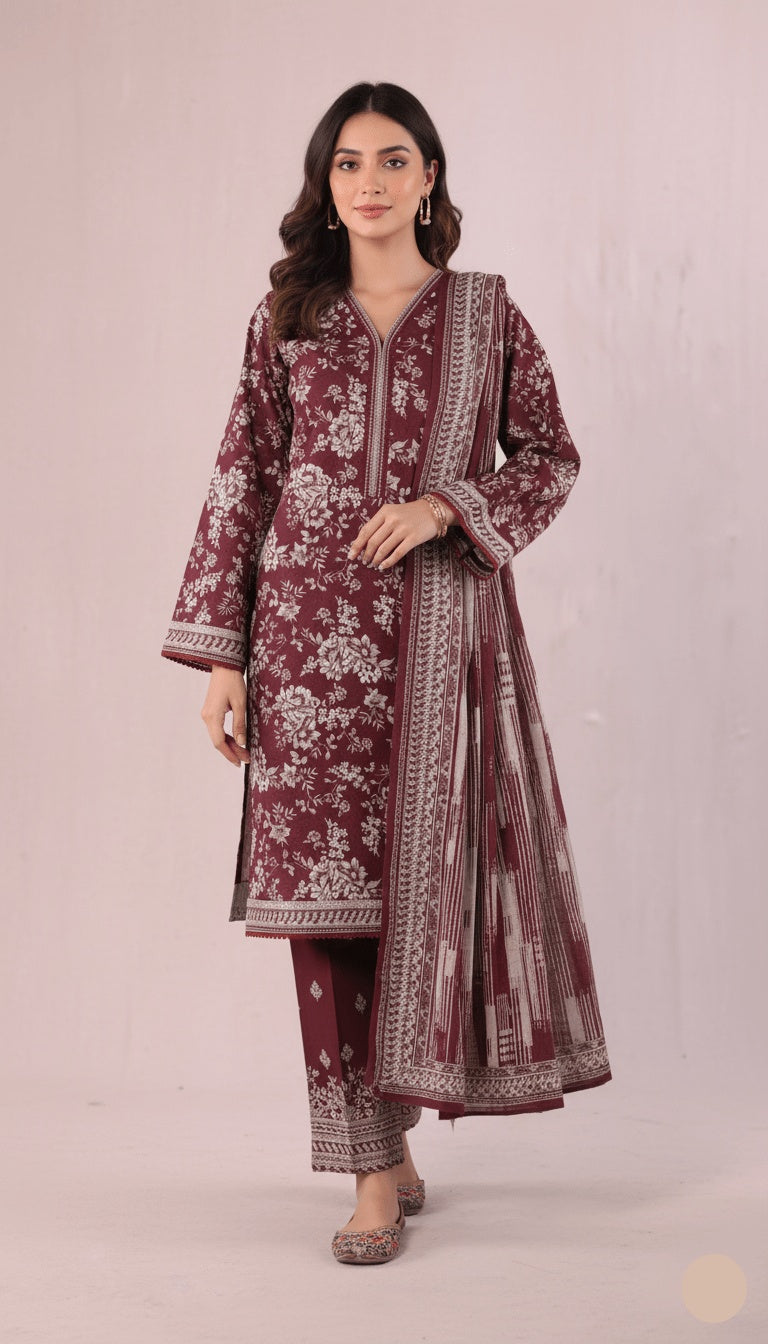 Binsaeed Three-Piece Khaddar Rich Maroon Printed Suit