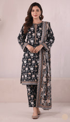 Binsaeed Three-Piece Khaddar Jet Black & Gold Printed Suit