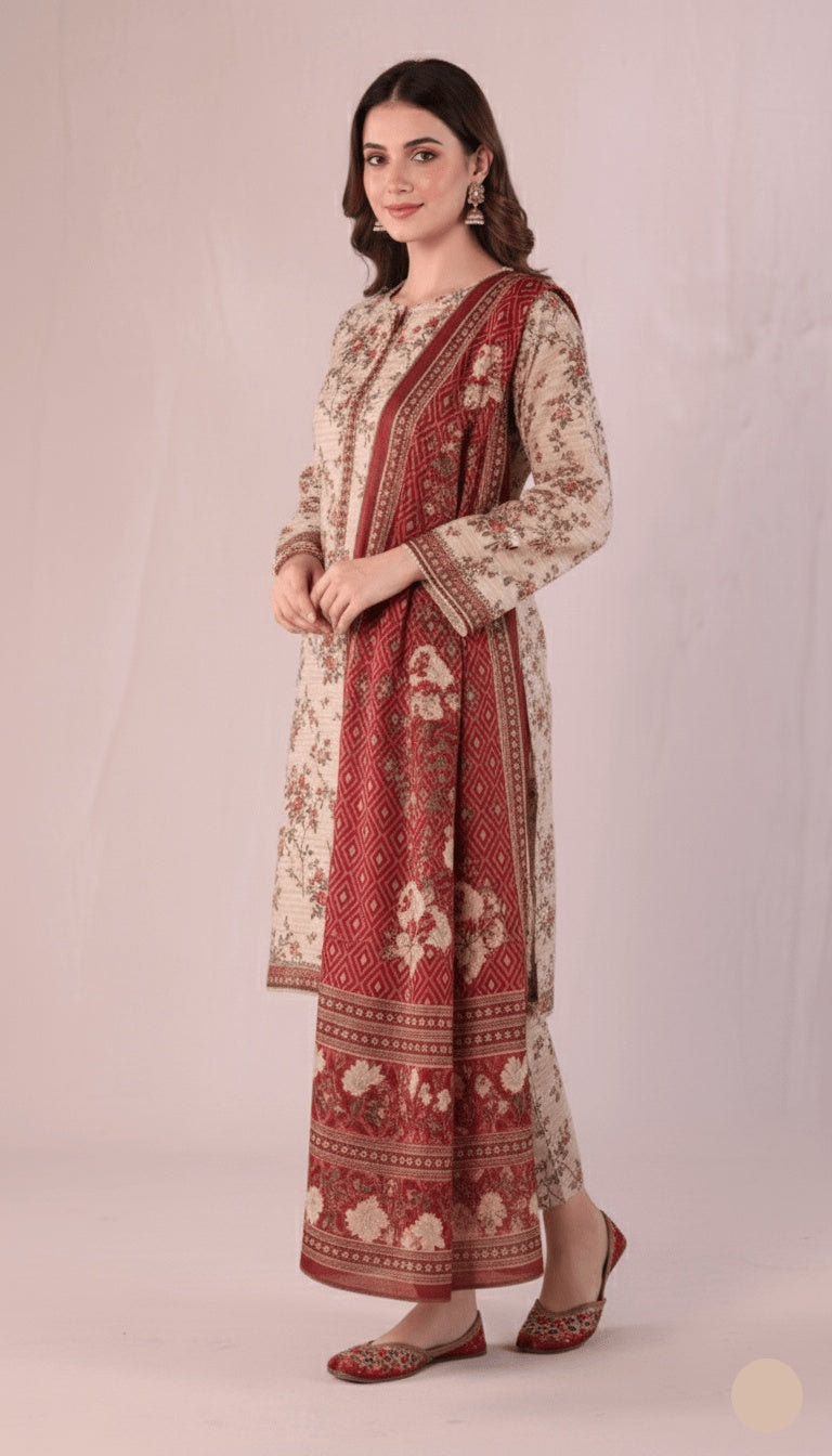Binsaeed Three-Piece Khaddar Beige & Crimson Printed Suit