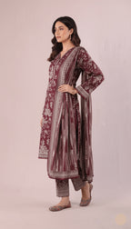 Binsaeed Three-Piece Khaddar Rich Maroon Printed Suit
