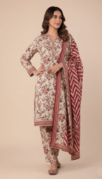Binsaeed Three-Piece Khaddar Cream & Rustic Red Printed Suit