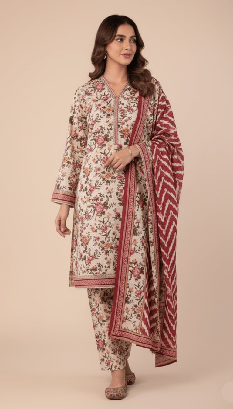 Binsaeed Three-Piece Khaddar Cream & Rustic Red Printed Suit
