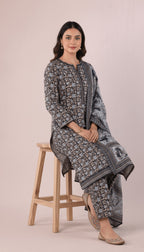 Binsaeed Three-Piece Khaddar Black Gold Printed Suit