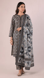 Binsaeed Three-Piece Khaddar Black Gold Printed Suit