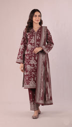 Binsaeed Three-Piece Khaddar Rich Maroon Printed Suit