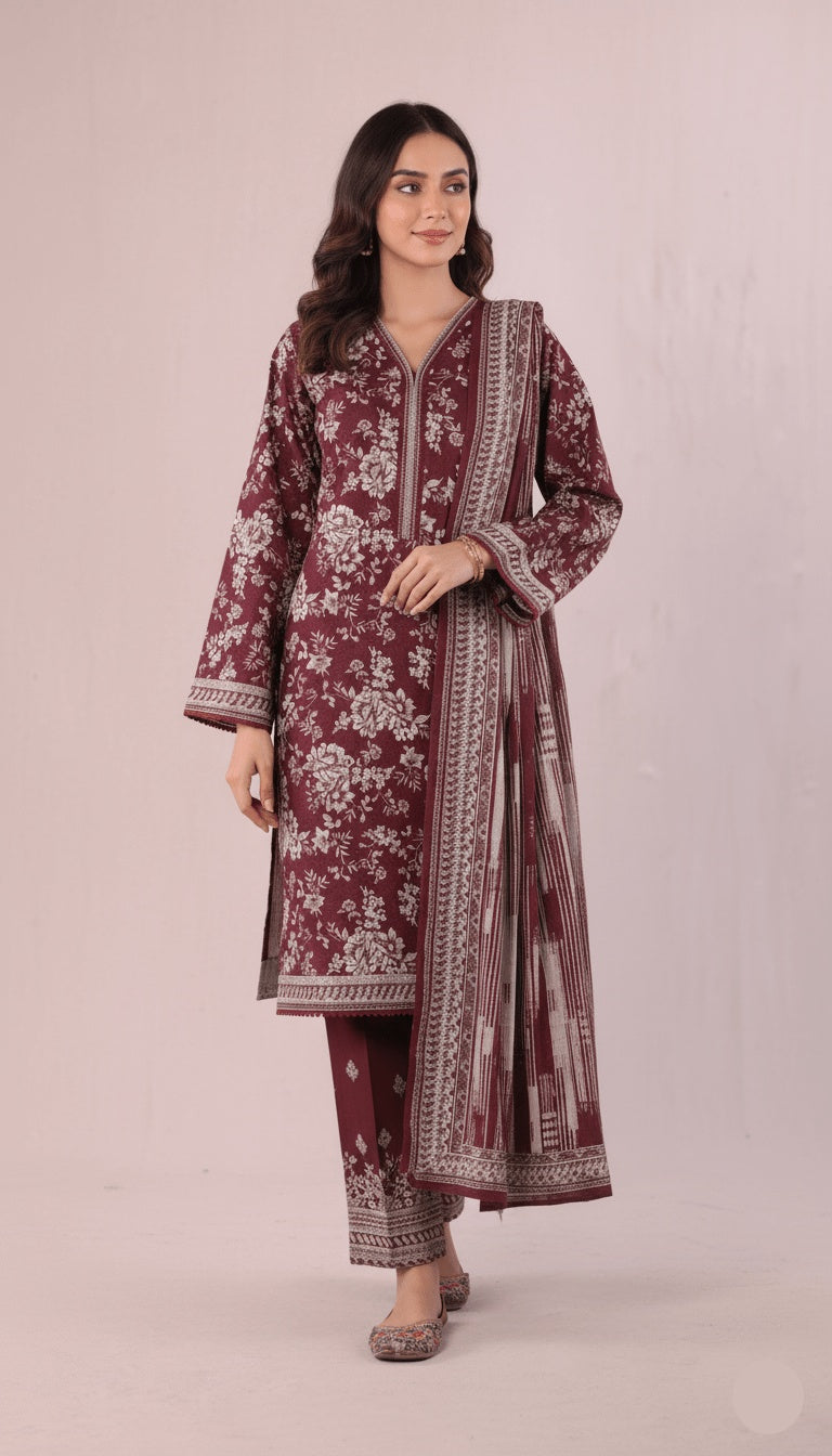Binsaeed Three-Piece Khaddar Rich Maroon Printed Suit