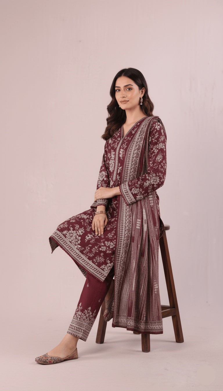 Binsaeed Three-Piece Khaddar Rich Maroon Printed Suit