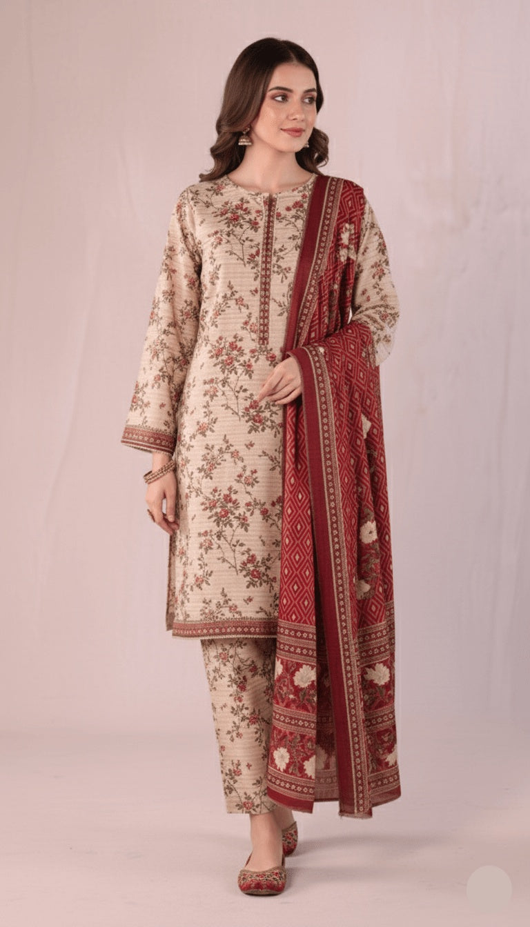 Binsaeed Three-Piece Khaddar Beige & Crimson Printed Suit