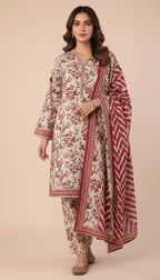 Binsaeed Three-Piece Khaddar Cream & Rustic Red Printed Suit