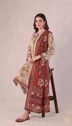 Binsaeed Three-Piece Khaddar Beige & Crimson Printed Suit